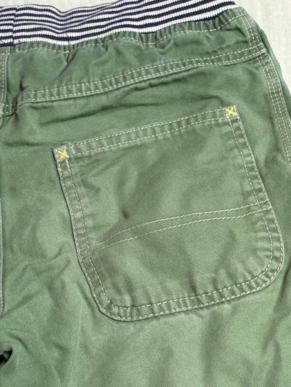 Mini Boden Boys Green Cargo Pants With Striped Elastic Waistband & Yellow Drawst - Picture 6 of 7